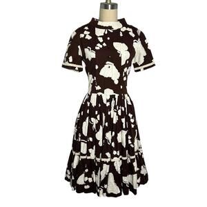 Vintage 70s Brown Butterfly Print Prairie Dress High Neck Cotton SMALL